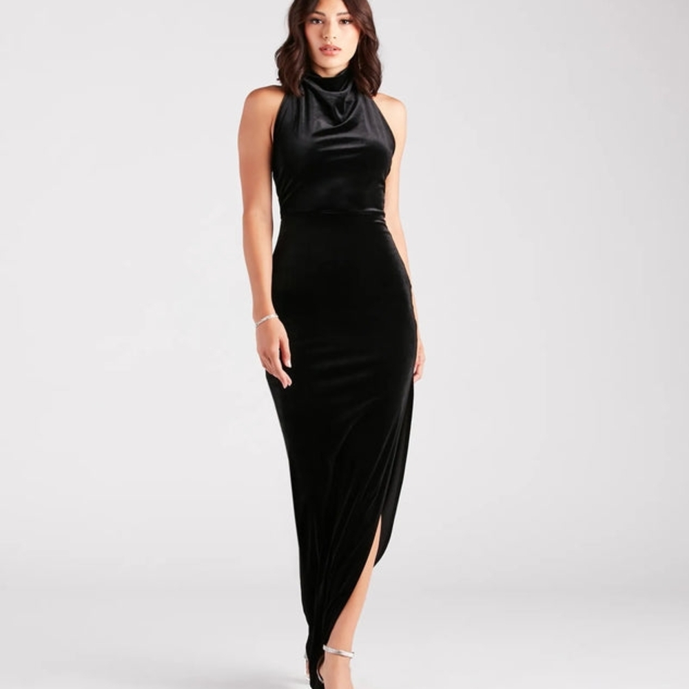 Brand New Never Used Windsor Black Halter Slit Maxi Dress